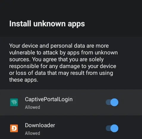 Install unknown apps، Downloader کی اجازت کے ساتھ
