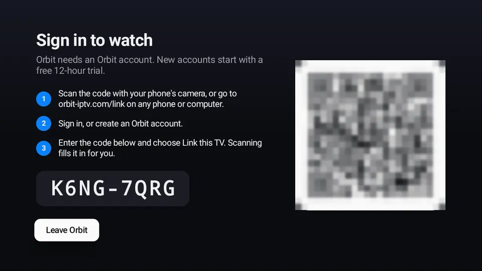 ٹی وی پر Orbit کی سائن اِن اسکرین، اس کے QR کوڈ کے ساتھ
